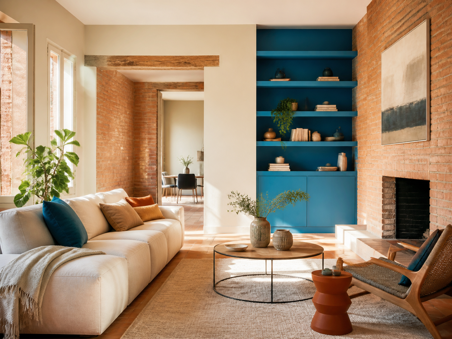 Salon toulousain rénové avec brique et menuiserie cyan